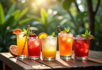 Fototapeta premium Vibrant Summer Patio Scene with Colorful Cocktails Under Bright Sunlight and Lush Greenery