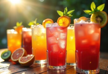 Fototapeta premium Vivid Colorful Cocktails with Refreshing Fresh Fruit Garnishes and Tropical Aesthetic