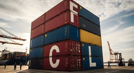 Shipping containers with "FCL" for Full Container Load, on harbor setting