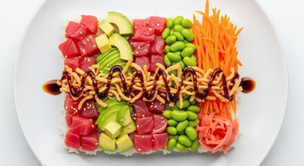 Overhead flat lay of a customizable poke bowl with fresh ahi tuna, avocado, edamame and sushi rice on a white plate, isolated on white.