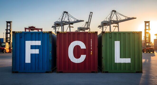 Shipping containers with "FCL" for Full Container Load, on harbor setting