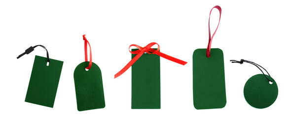 Green tags of different shapes isolated on white, set. Top view