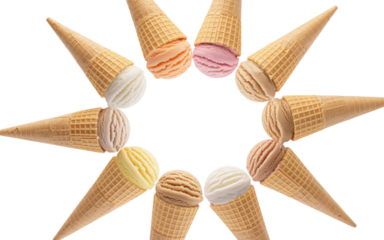 Eight Ice Cream Cones Arranged in Star Shape isolated on a transparent background
