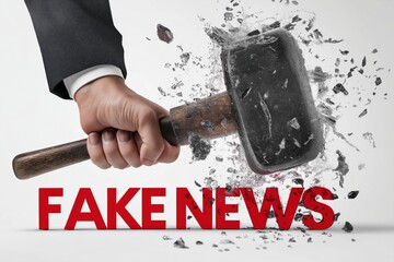 A man's hand smashing the words FAKE NEWS with a sledgehammer