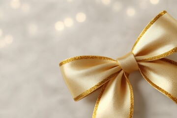 Luxurious golden ribbon bow detail on a soft, flowing textile with warm bokeh lights in the background.