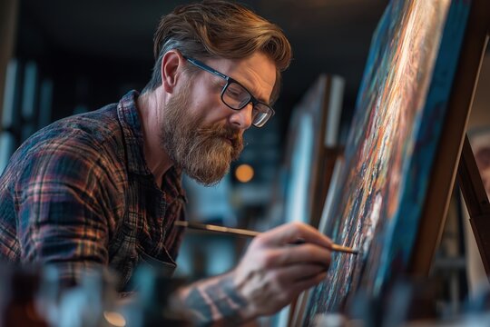 Bearded artist with glasses concentrating on painting a canvas in his studio
