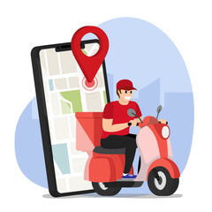 delivery person on a moped with a phone in the background and geotags on a map without background, isolated