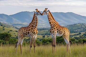 Fototapeta premium Giraffes necking in African savannah, clean photography, high detailed
