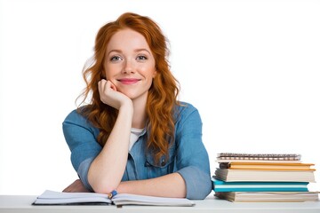 Happy Redhead Student Smiling Behind a Stack of Books