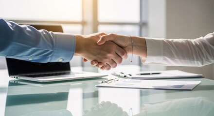 Successful business partners shaking hands in agreement over a deal, symbolizing trust and collaboration.