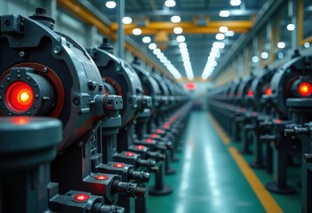 Fototapeta premium Robust Industrial Factory Equipment Featuring Advanced Predictive Maintenance Sensors Surrounded by Connecting Infrastructure and Assembly Line Dynamics