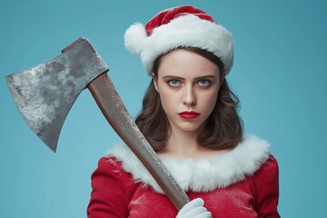 Portrait of a serious young woman in a Santa costume holding a rusty axe
