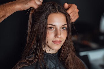 Fototapeta premium Young woman with long brown hair getting a crimping hairstyle at a salon