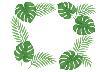 Tropical monstera and palm leaves forming watercolor frame border, creating fresh green space on transparent background
