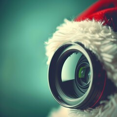 A close-up of a camera lens adorned with a fluffy Santa hat, symbolizing creativity and holiday spirit, merging photography with Christmas cheer in a unique artistic expression.