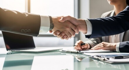 Successful business partners sealing a deal with a handshake in a bright office meeting.