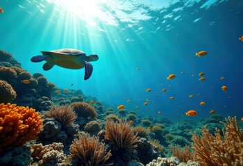 Fototapeta premium Vibrant Coral Reef Underwater Ecosystem Marine Life Colorful Fishes Sea Turtle Biodiversity