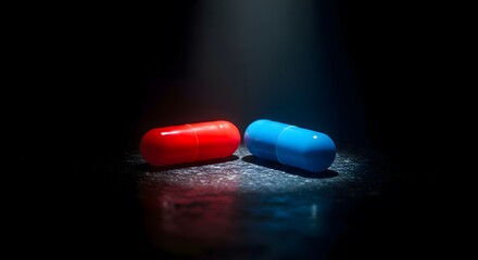 red pill and the blue pill on dark highlighted background