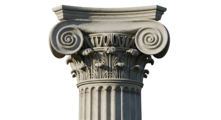 Detailed ionic capital of a classical greek column with volutes and acanthus leaves isolated on transparent background