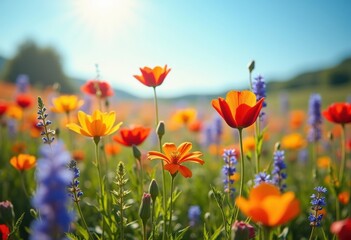 Naklejka premium Vibrant Wildflower Field Swaying Gently in the Breeze Colorful Petals Nature Harmony Scenic Landscape
