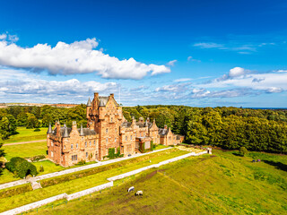 Ayton Castle from a drone, Ayton, Eyemouth, Scottish Borders, Scotland, UK
