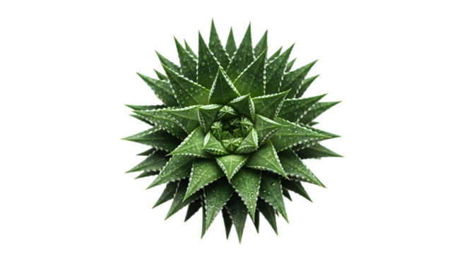 A detailed close up view of a green succulent plant with spiky leaves arranged in a rosette pattern isolated on transparent background