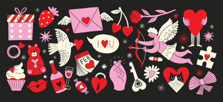 Cartoon cute funny stickers for St. Valentine's Day on February 14 in retro 90s style. Romantic elements, love envelope, hearts, love, cupid, gifts, dove, rose, sweets, flower. Vector shapes big set.