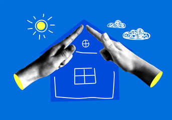 Home insurance concept. Halftone hands forming a house. Property protection. Taking out a home loan. Mortgage concept. Modern collage. Family protection