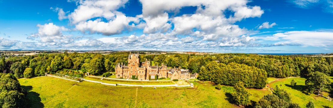 Ayton Castle from a drone, Ayton, Eyemouth, Scottish Borders, Scotland, UK