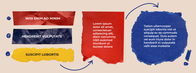 Text boxes made from torn paper. Design elements for presentation with copy space. Empty design template. Frames for text from pieces of colored paper