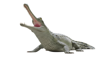 A gharial crocodile with its mouth open and long snout raised upward isolated on transparent background