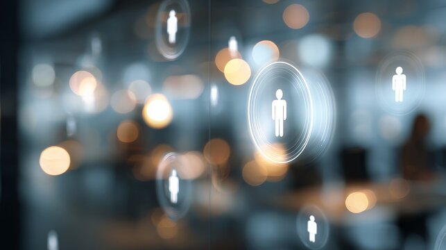 Visual representation of digital user icons on a glass screen with blurred office lights in the background during a busy workday