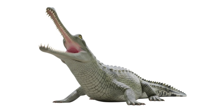 A gharial crocodile with its mouth open and long snout raised upward isolated on transparent background