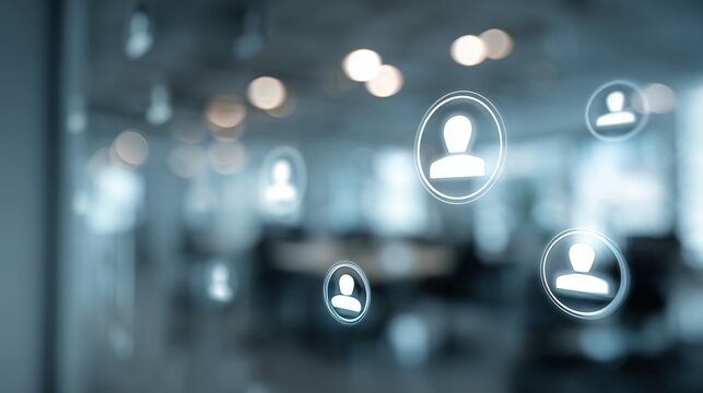 Digital representation of user profiles in a modern office setting with a blurred background and soft lighting illustrating connectivity and teamwork