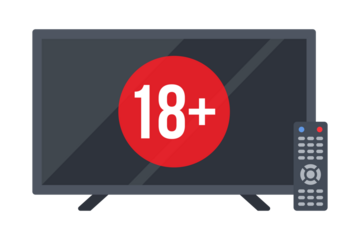 Television screen displaying 18 plus symbol with remote control entertainment content isolated on transparent background