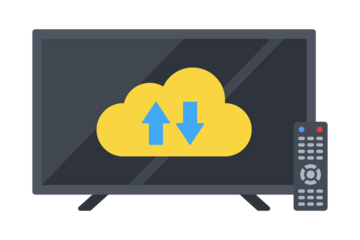 Television screen displaying cloud icon with up and down arrows and remote control isolated on transparent background