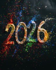 A dazzling, sparkly representation of the year 2026 made with colorful glitter against a dark backdrop, radiating joy and hope for the bright future that lies ahead.
