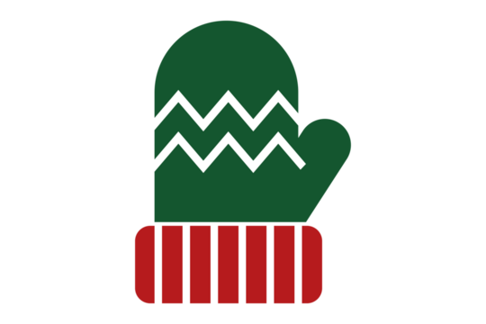 Cozy green christmas mitten with white zigzag pattern and red striped cuff isolated on transparent background