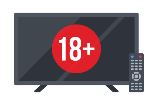 Television screen displaying 18 plus symbol with remote control entertainment content isolated on transparent background