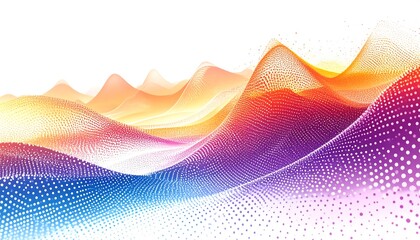 An abstract digital landscape rendered in shades of purple, red, orange, and yellow. A dotted gradient gives a three-dimensional feel