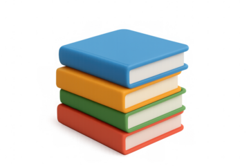 Stack of four colorful books depicting concepts of education, wisdom, and literacy for academic studies and school