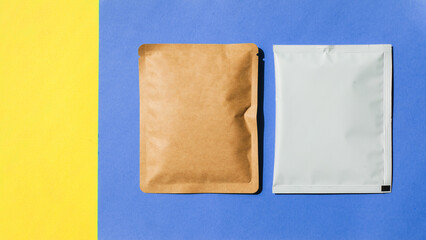 Blank craft plastic pouch, white pack on studio background with shadow, mylar bag isolated for coffee or food, cosmetic products, snack, candy. Different sizes, mock up.