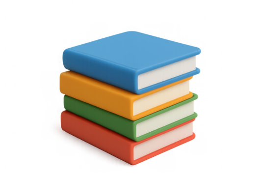 Stack of four colorful books depicting concepts of education, wisdom, and literacy for academic studies and school