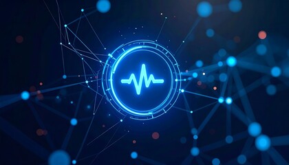 Abstract depiction of digital communication, with a glowing waveform inside a circle, connected by a network of lines and dots. Dynamic and futuristic