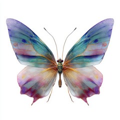 Fototapeta premium Vibrant multicolored butterfly with transparent wings against white background