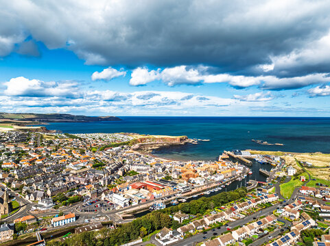 Eyemouth from a drone, Berwickshire, Scottish Borders, Scotland, UK