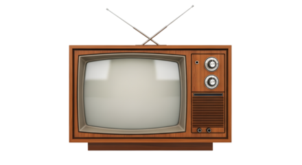 Retro wooden television set with an antenna and blank screen isolated on transparent background