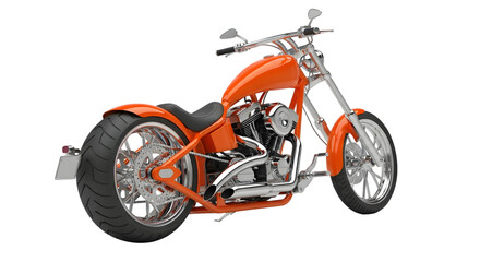 Obraz premium A vibrant orange custom chopper motorcycle with chrome accents and intricate engine details isolated on transparent background