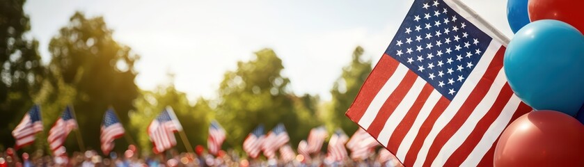 Obraz premium American flag waving in festive celebration with balloons on sunny day, representing unity and patriotism in outdoor setting