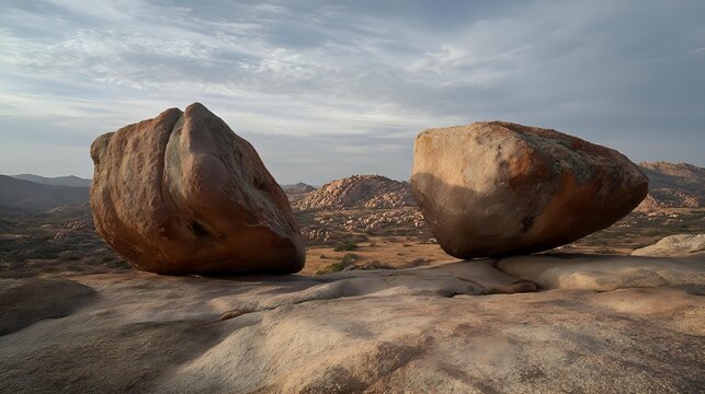 Majestic granite boulders balanced precariously over smooth eroded bedrock